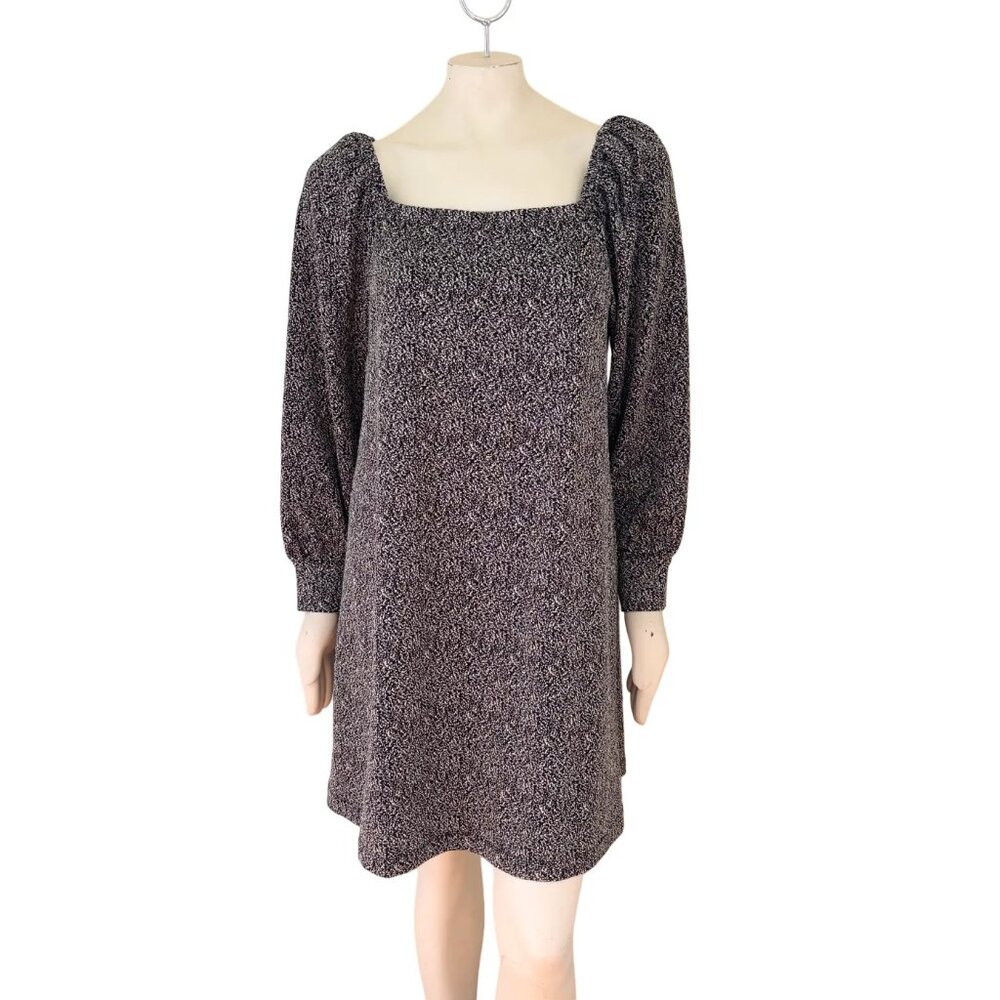 NWT LOFT Cozy Square Neck Shift Dress Black White Long sleeve SZ L